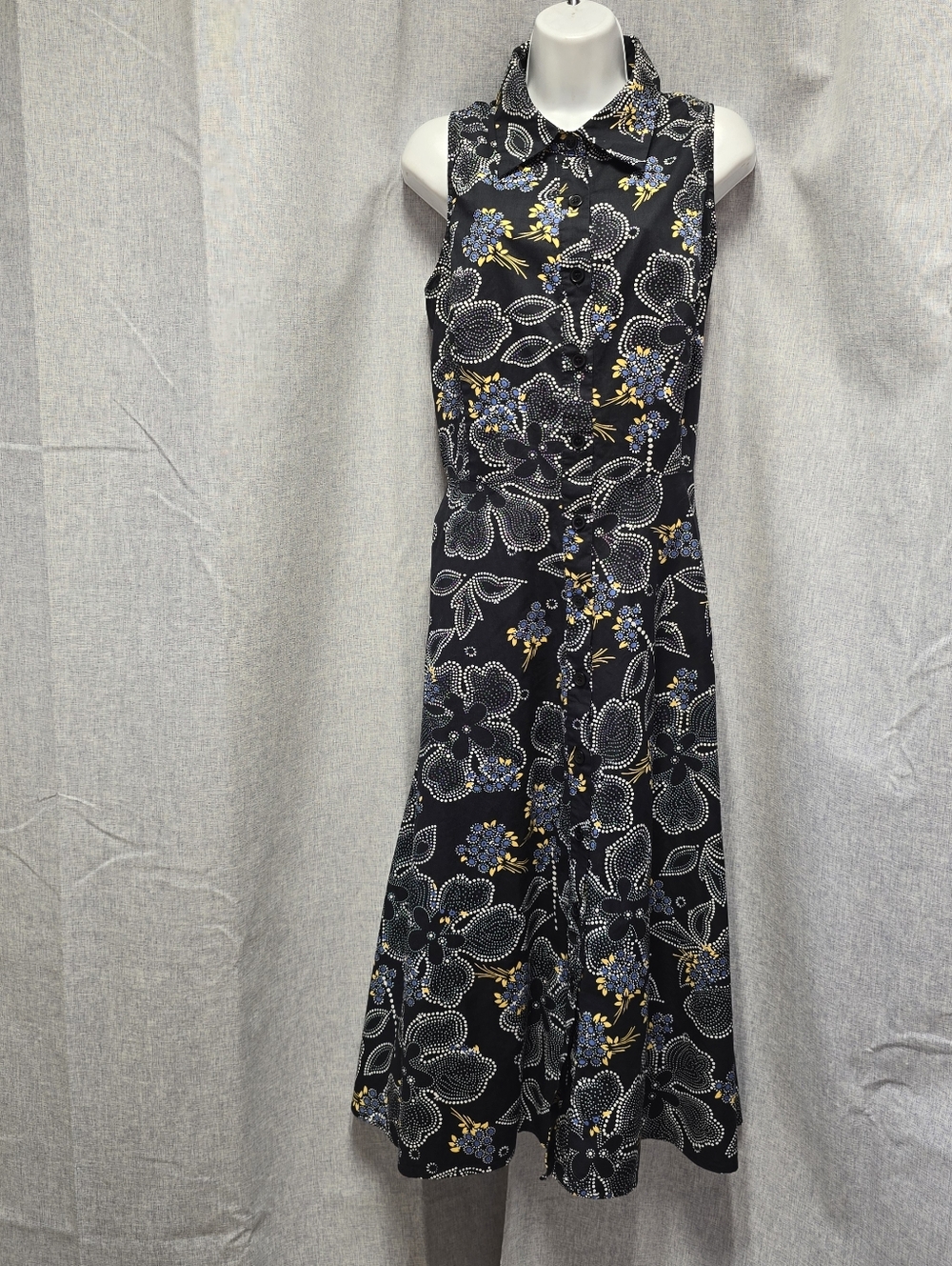 Vintage K Studio Black Floral Print Sleveless Button Front Dress Size 16 Y2K